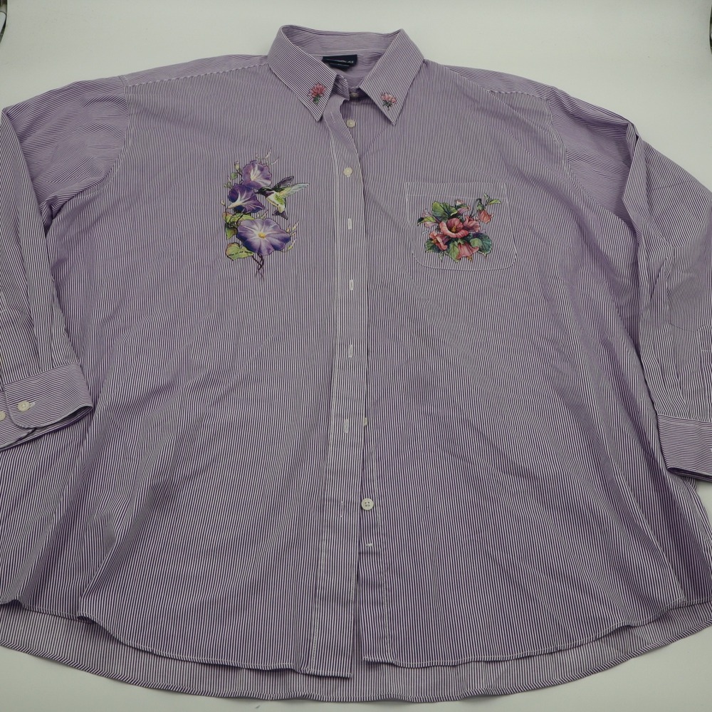 Las Olas Button Down Shirt Womens 2X Purple Striped Floral Hummingbird A1579